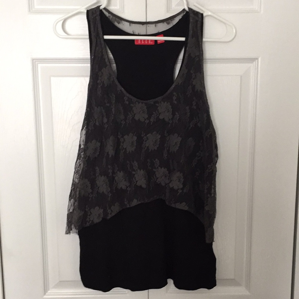 Elle black tank with grey floral lace overlay